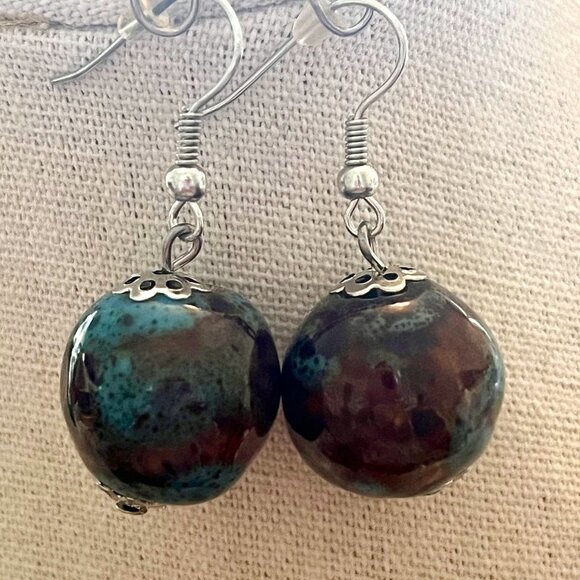 Turquoise & Brown Ceramic Fibre Handmade Necklace Choker Earrings Set 18" NWOT - Picture 4 of 5